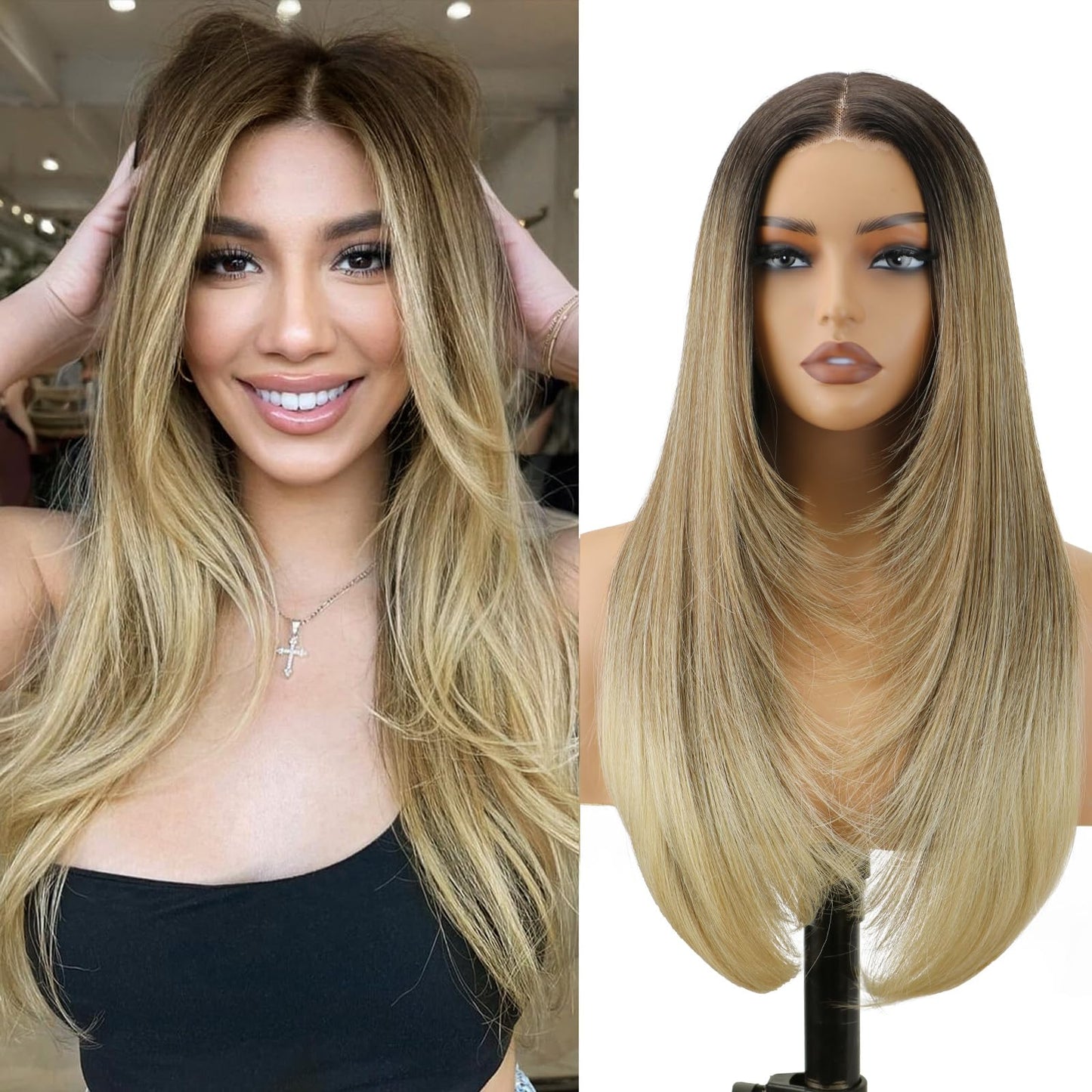 NOSTALGIA Brown and Blonde Highlight Straight Lace Front Wig Pre Cut Glueless Synthetic Layered Wig 24 Inch Middle Part Closure Wig For Women Upgraded with Premium Fiber