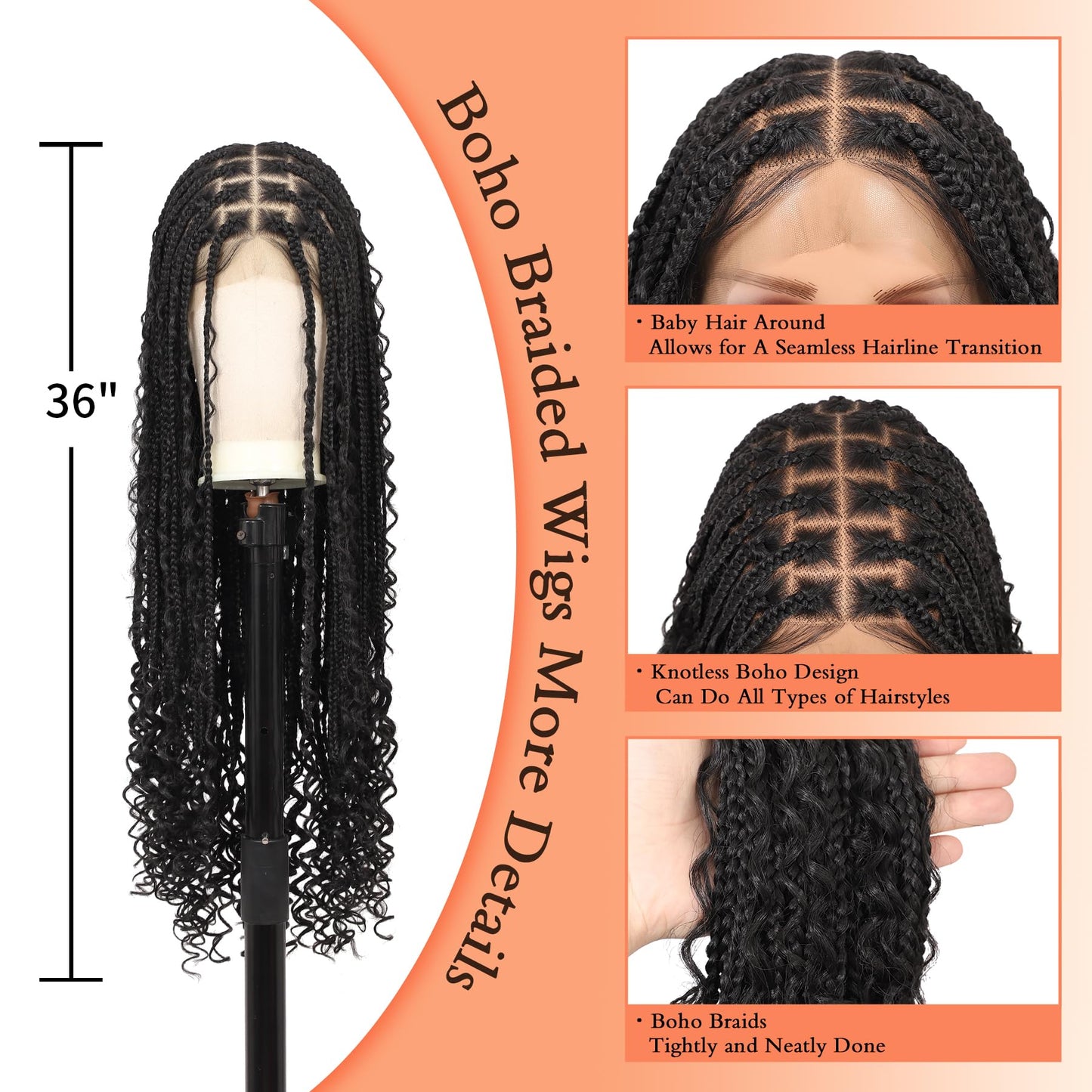 Brinbea 13x8'' HD Lace Front Braided Wigs for Women Knotless Boho Braided Wigs with Baby Hair Black Box Braid Wig Long Premium Synthetic Braided Lace Front Wigs 36 Inch