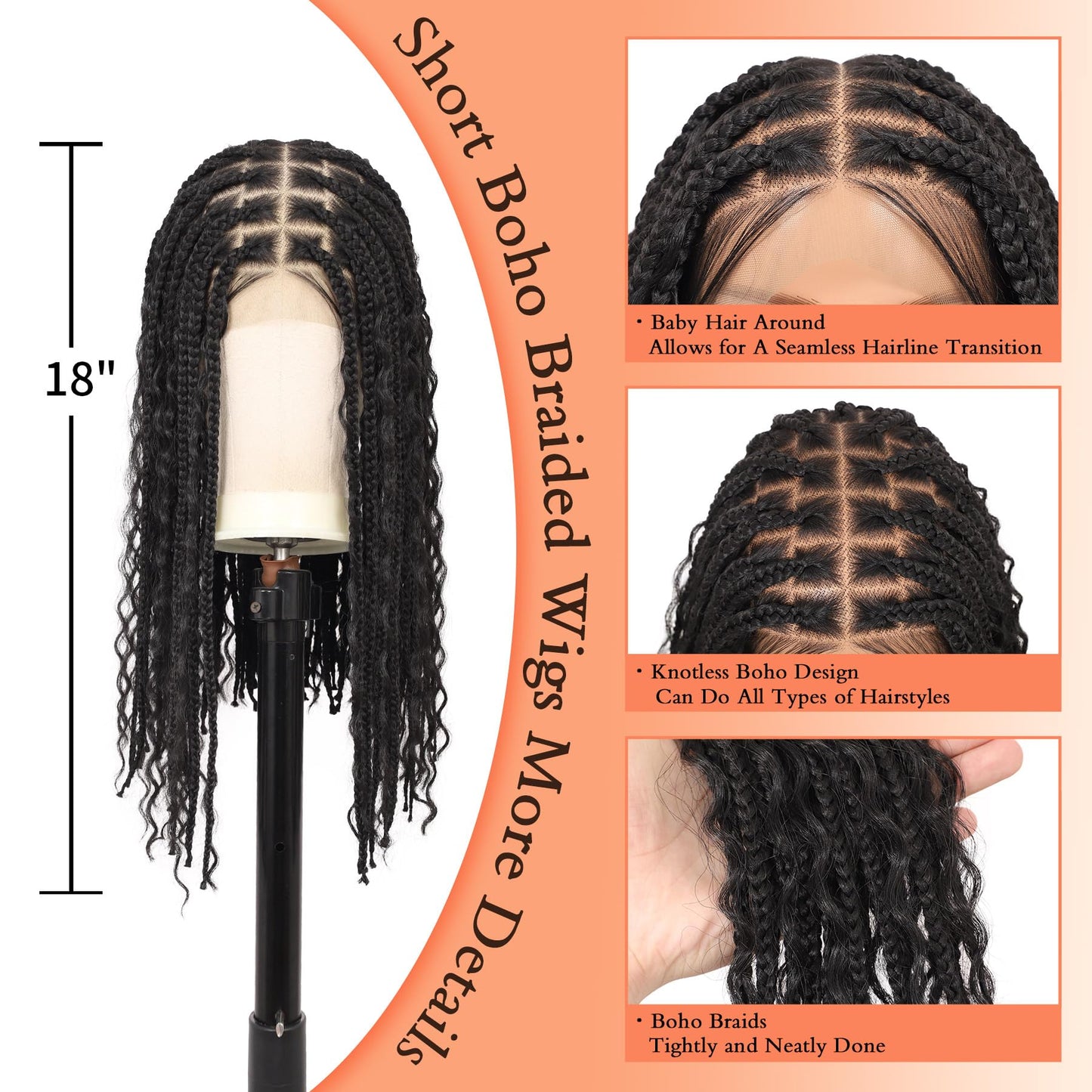 Brinbea 18'' 13x8'' HD Lace Short Braided Wigs for Women Bob Knotless Boho Braided Wigs with Baby Hair Black Box Braid Wig Premium Synthetic Braided Lace Front Wigs