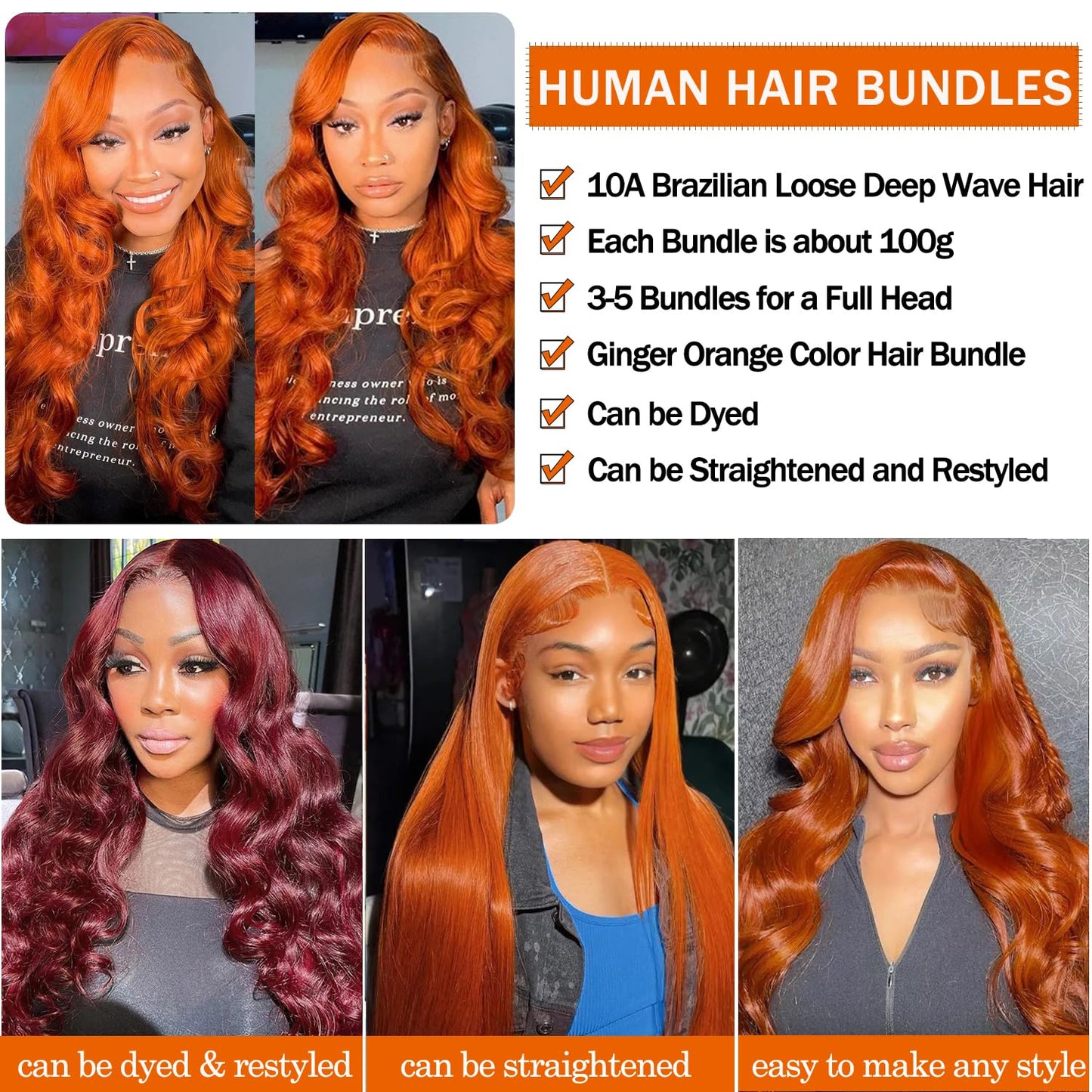 10A Ginger Human Hair Bundles with Closure Loose Deep Wave Quick Weave Bundles with hd Lace Closure-22 24 26+20inch, Unprocessed Brazilian Raw Loose Wave Human Hair