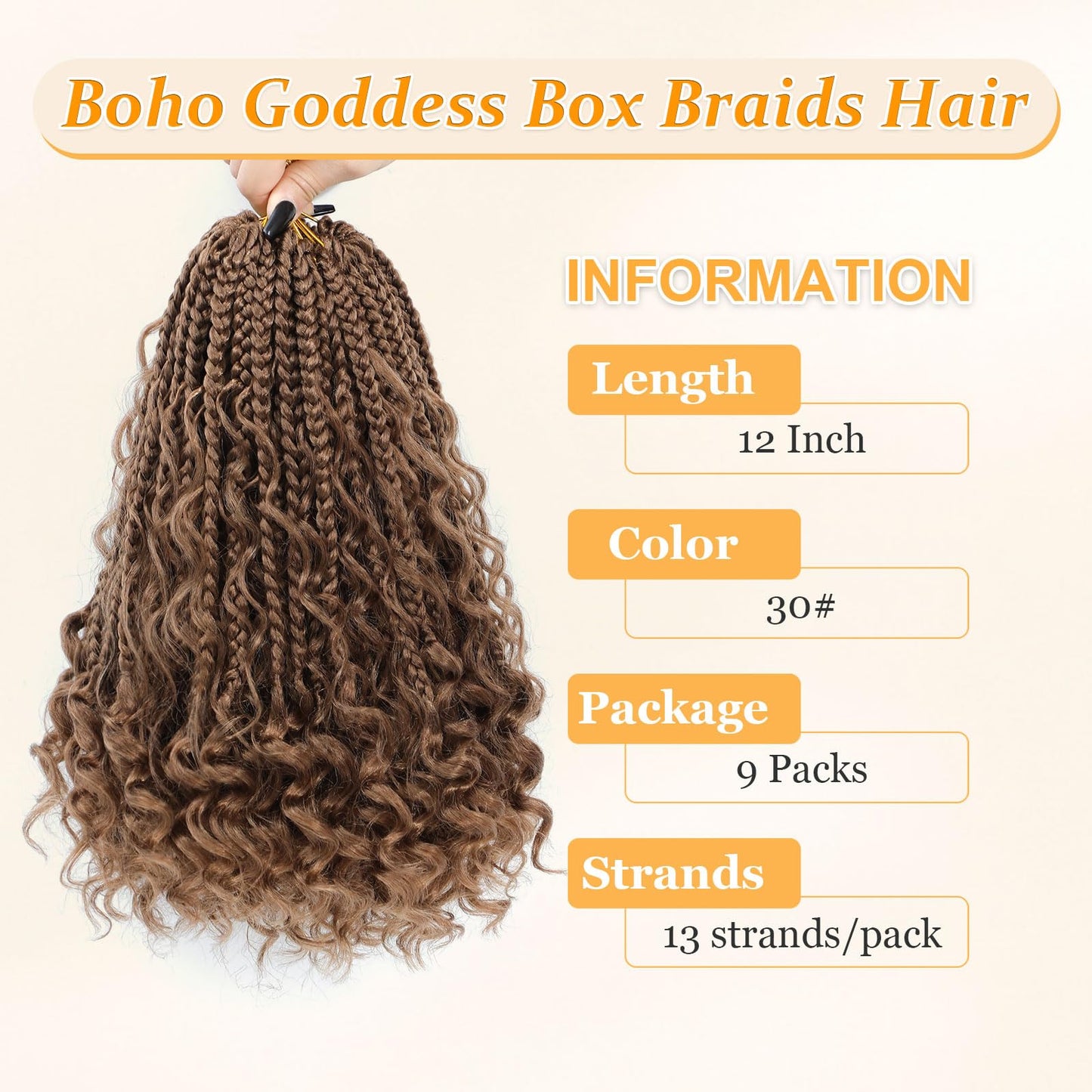 Yewell 9 Packs Goddess Box Braids Crochet Hair Boho Crochet Box Braids With Curly Ends For Black Women, 12 Inch Pre Looped Bohemian BoxBraidsHair (12Inch 9 Packs,30#)
