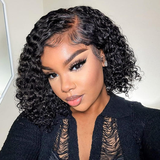 Hihmarm Deep Wave Bob Wig Human Hair 13x6 HD Curly Lace Front Wigs Human Hair Pre Plucked Frontal Curly Bob Wigs for Black Women 180 Density Wet and Wavy Glueless Wig Natural Color 12 Inch