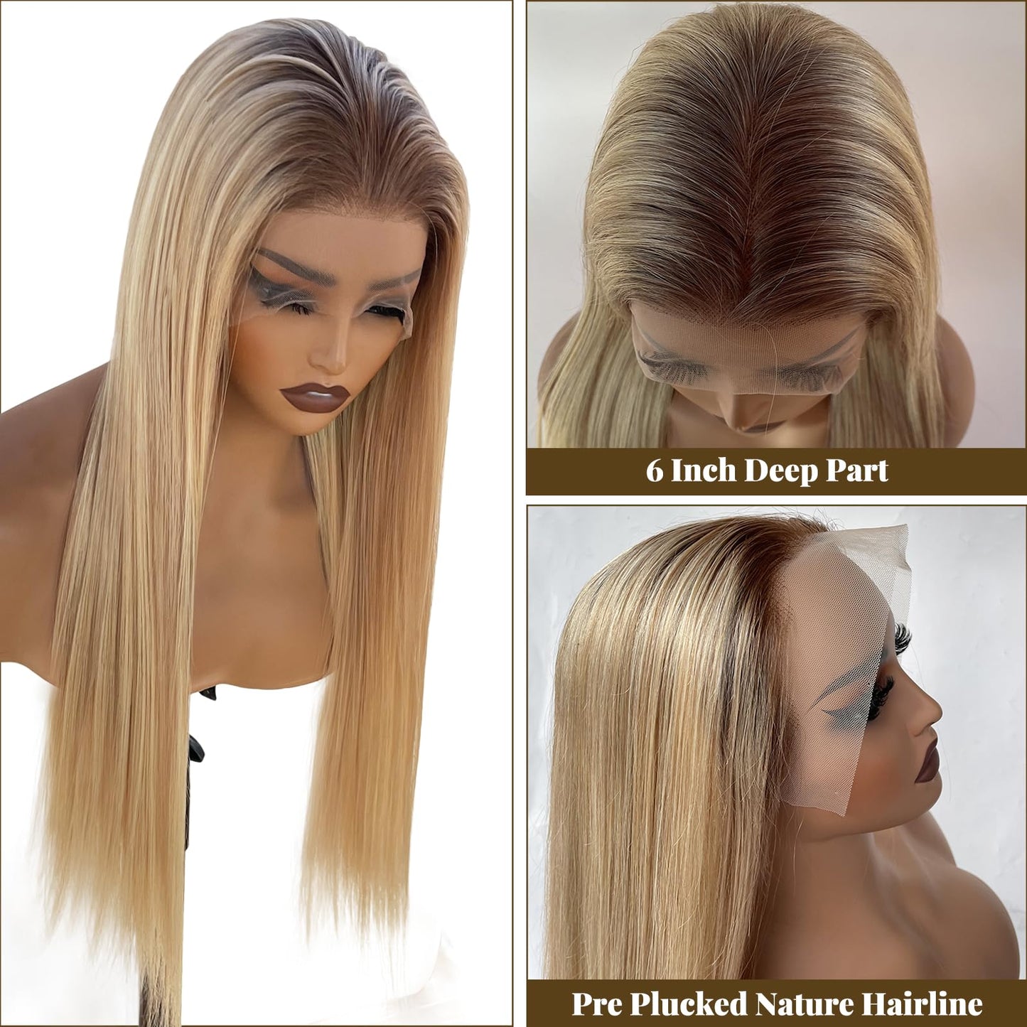 13x6 HD Lace Front Wigs Human Hair for White Women, 24 Inch Highlights Ombre Balayage Blonde Mixed Golden Blonde with #4 Brown Roots Glueless Lace Frontal Wigs Human Hair, Pre Plucked 180% Density