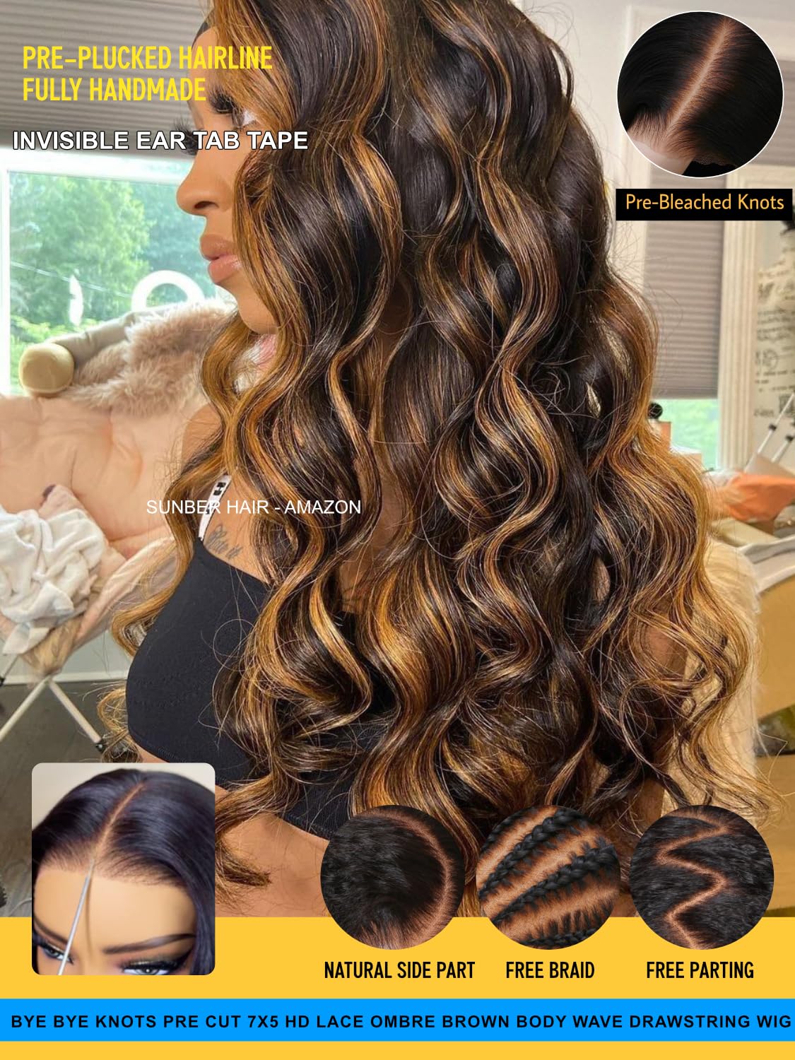 Sunber Ombre Highlight Brown Body Wave Human Hair Glueless Balayage Wigs Pre Cut 7x5 HD Lace Front with Elastic Drawstring 150% Density Put On and Go Pre Plucked Pre Bleached Invisible Knots 24Inch