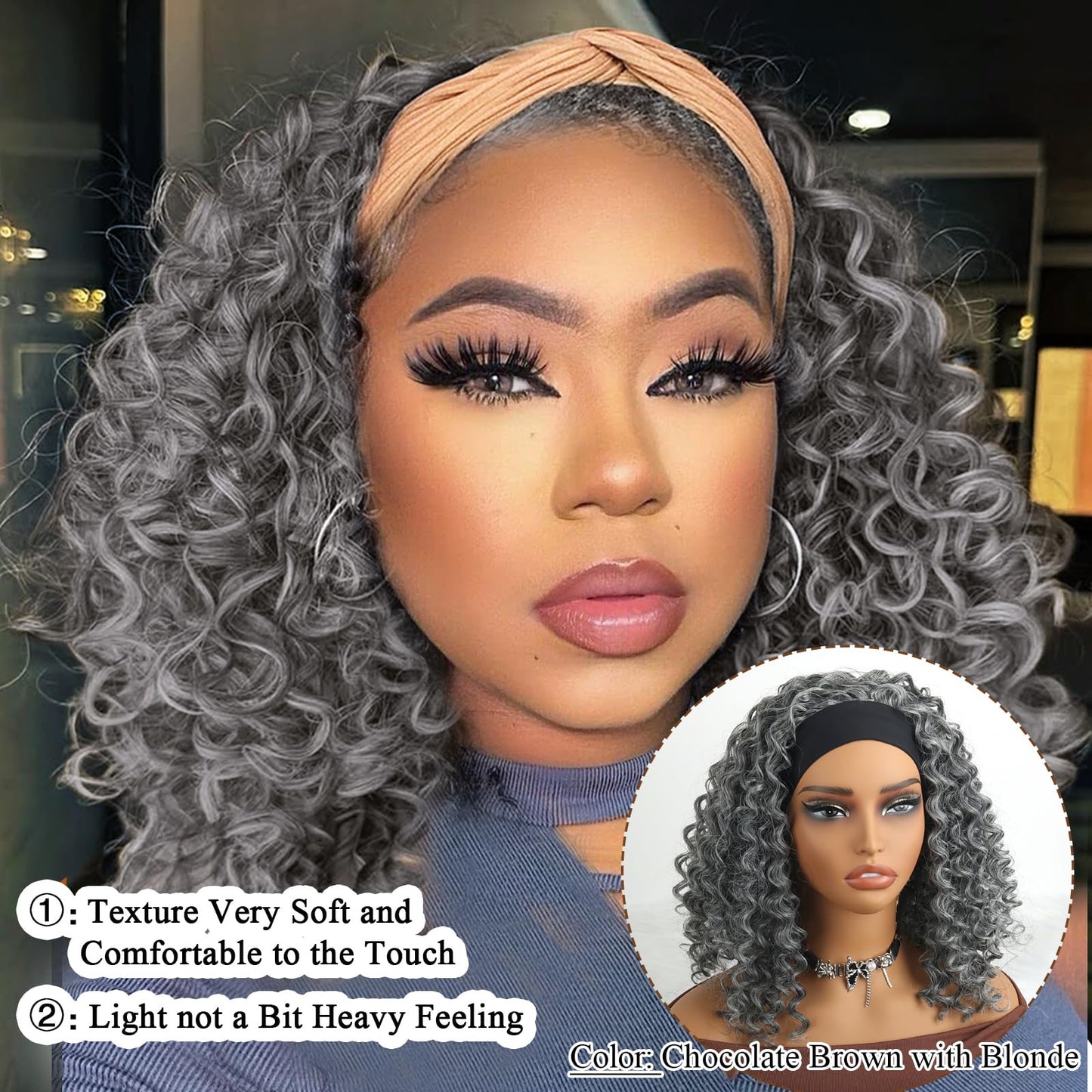 Aisaide Kinky Curly Headband Wig 12 Inch Grey Deep Curly Headband Wigs for Women Short Glueless No Lace Deep Curly Half Hair Wig Dark Silver Grey