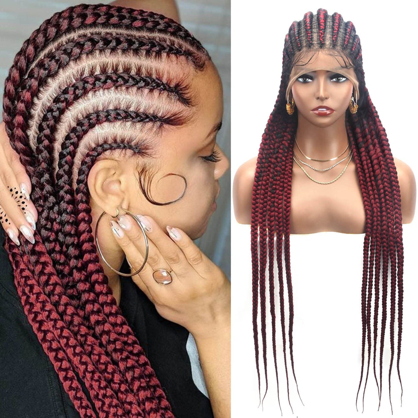 Alebery 36" Full Lace Braided Wigs for Black Women Jumbo Box Braids Lace Front Wig with Baby Hair Lightweight Synthetic Lace Frontal Black Cornrow Twisted Wigs (Burgundy Mixed Black)