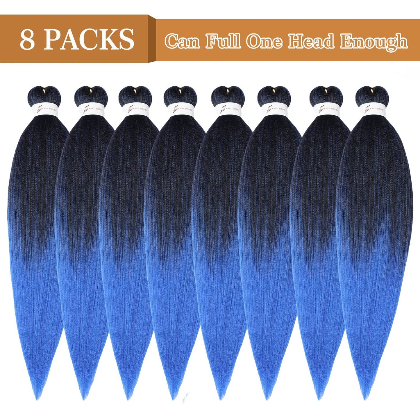 Pre-Stretched Braiding Hair, 20 inch Braiding Hair 8 Packs Ombre Black to Blue Professional Soft Yaki Texture, No Itch, Hot Water Setting Hair Extensions for Braids (20in,1B/Blue)