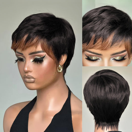 SAEIALL Short Pixie Cut Wig Human Hair for Black Women Black with Brown Layered Short Wig Brazilian Real Human Hair None Lace Frontal Glueless Wigs Easy to Wear Quick Get Up and Go Wigs