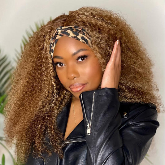 Ombre Highlight Headband Wig Human Hair #4/27 Colored Kinky Curly Headband Wig for Black Women Glueless None Lace Front Human Hair Wigs Brazilian Virgin Hair Wear and Go Wigs 150% Density 18 Inch