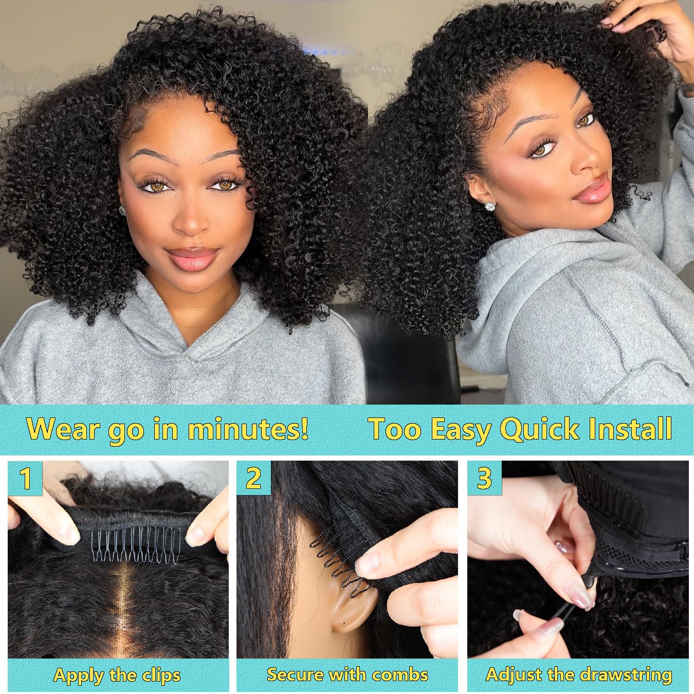 VFFTI Kinky Curly Half Wig Human Hair 200% Density Wear Go Glueless Wigs 3 In 1 Seamless Flip Wig 20 Inch Half Wigs for Black Women Invisible Hairline Beginner Friendly