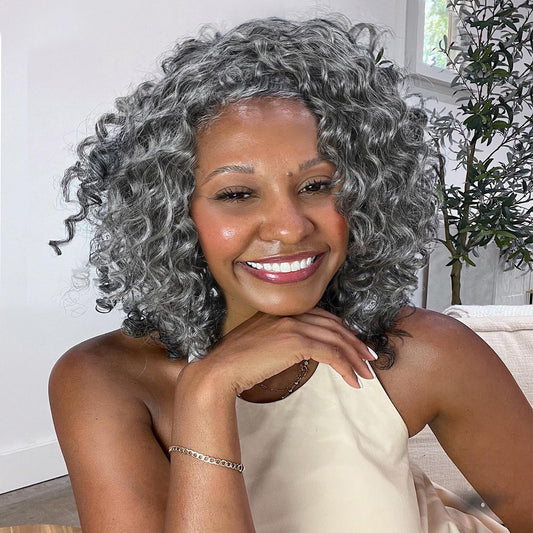 HUA Salt and Pepper Grey Wigs Human Hair for Black Women Glueless Deep Wave Grey Human Hair Wig for Older Women Gray Wigs for Mom Mixed Little Synthetic Bob Wear and Go Glueless Gray Wig