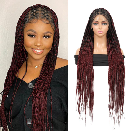 Olymei Criss Cross Knotless Braided Wigs for Black Women Box Braid Wig Braided Lace Front Wigs with Baby Hair Premium Synthetic Lace Front Burgundy Red Box Braided Wig, 36" Full Double Lace