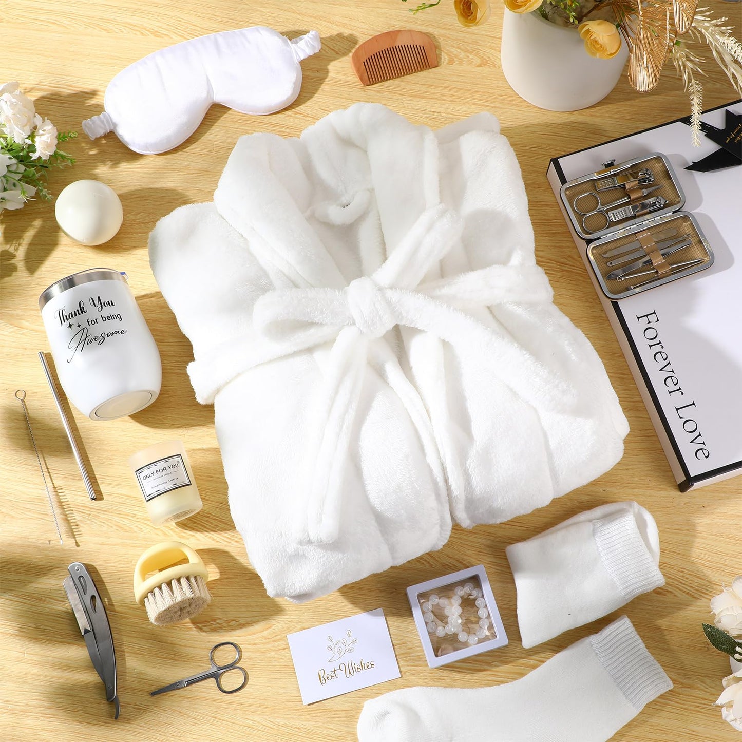 Nuogo 15 Pcs Birthday Gifts for Men Beard Care Set for Him Dad Birthday Gifts Basket Ideas Kit for Men Tumbler Bath Robe for Father's Day Dad Husband Boyfriend Box(Unhooded,White)