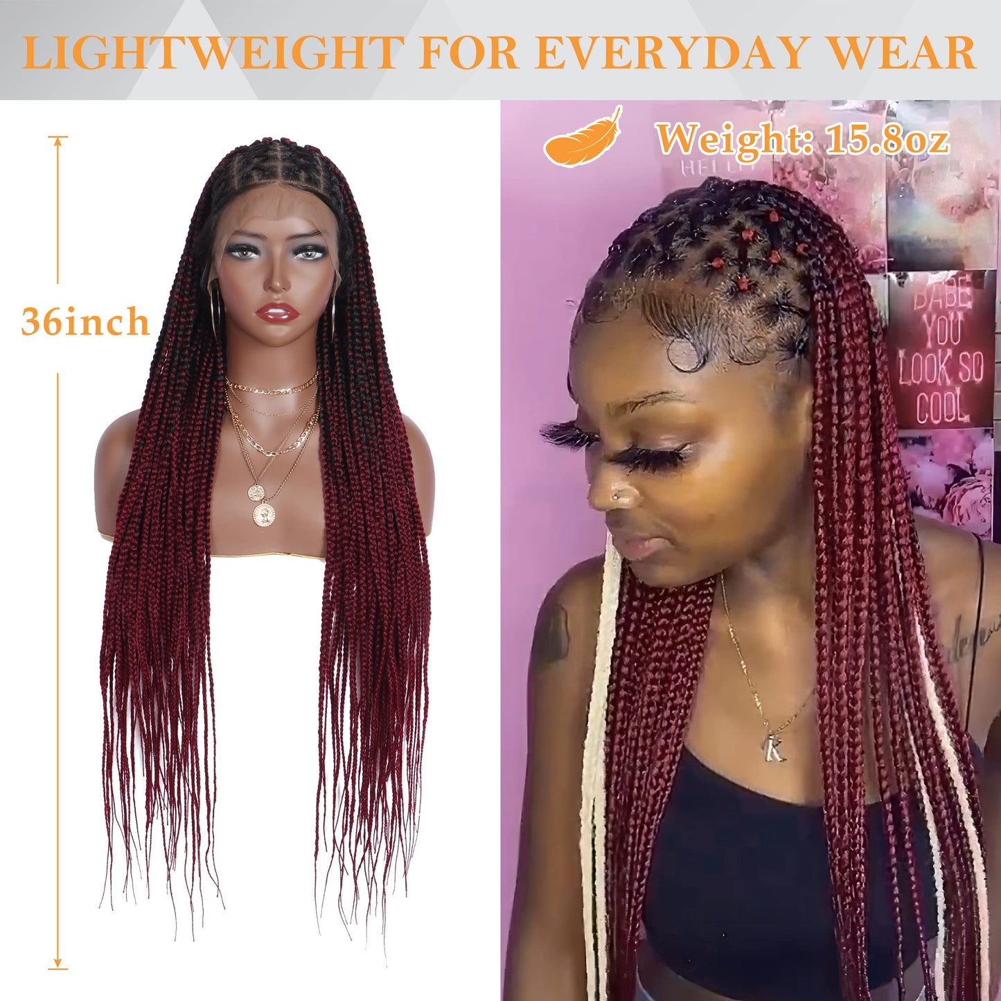 Alebery 36" Full Lace Criss Cross Knotless Box Braided Wigs for Black Women Knotless Box Braids Lace Front Wig with Baby Hair Lightweight Synthetic Burgundy Cornrow Braided Wigs (1B/BG)