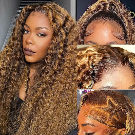 KVFCT 24 inch Ombre Highlight 13x6 Deep Wave Lace Front Wigs Human Hair 200% Density Honey Blonde 4/27 Curly Human Hair Wigs HD Lace Front Glueless Wigs Pre Plucked with Baby Hair Deep Wave Wig