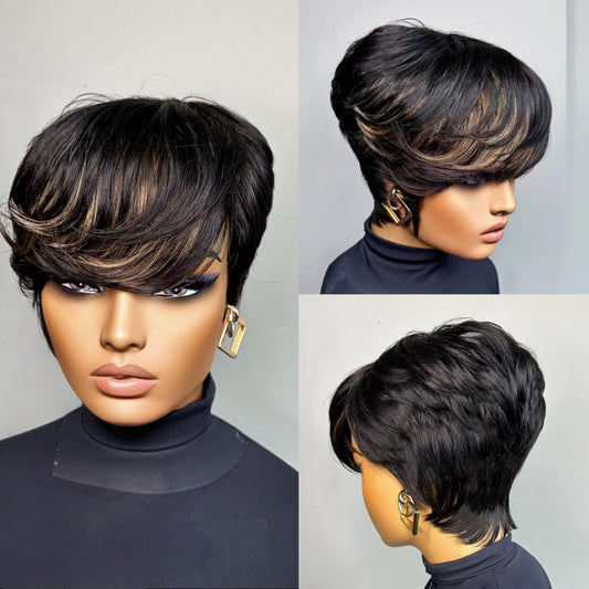 QiaQiaRing Chic Elegent Pixie Cut Human Hair Wigs for Black Women Glueless Short Layered Pixie Wigs With Bangs 1b/30 Daily Use Color Full Machine Made Brazilian Virgin Human Hair
