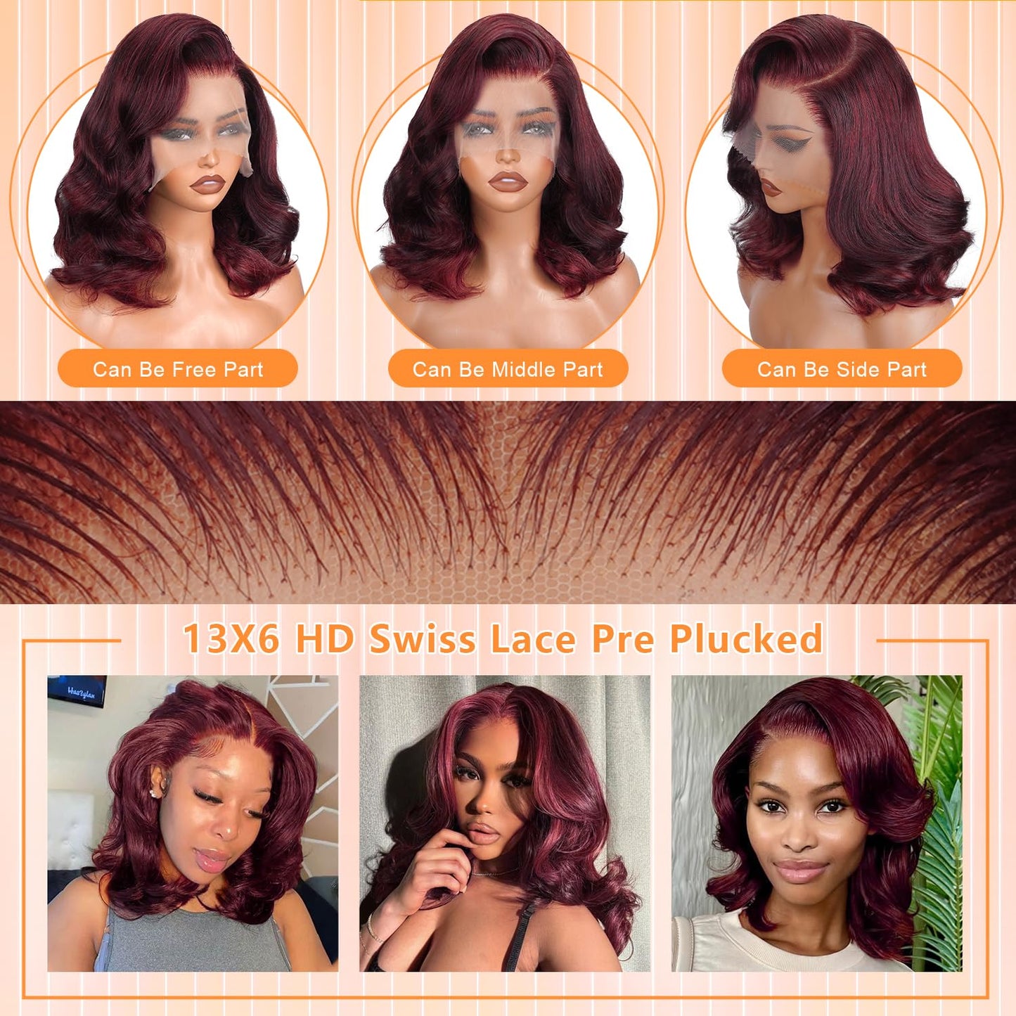 Afribye Burgundy Wig Human Hair 200% Density 13x6 99j Body Wave Lace Front Wigs Human Hair Pre Plucked Short Wigs for Black Women Glueless Frontal Wig Human Hair Loose Wavy 12 inch