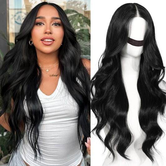 ENCOUNTERU Pre Cut Lace Glueless Wig Wear and Go Synthetic Lace Front Black Wig with Bangs Body Wave Wigs for Women Pre Plucked Ready to Wear Middle Part 26 Inch 13x5x1 HD Lace