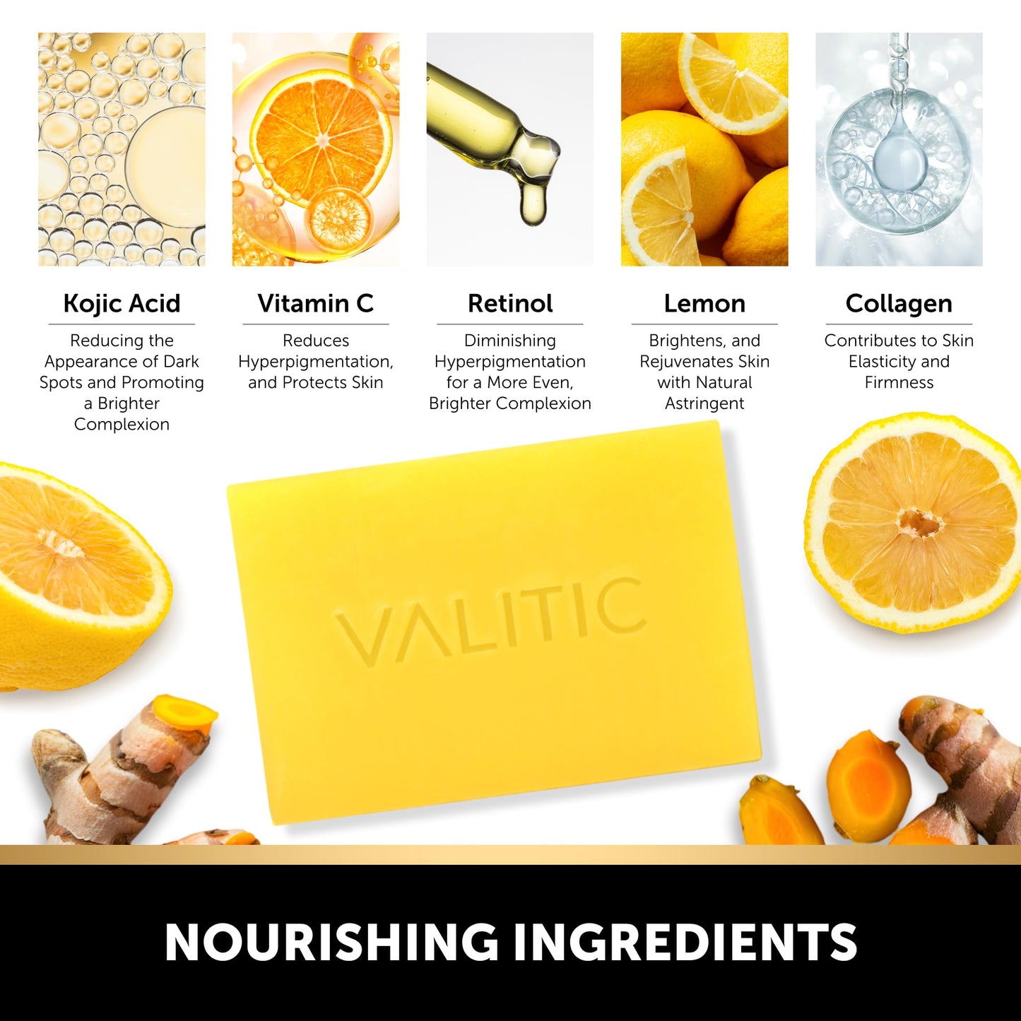 VALITIC Brightening Lemon & Turmeric Kojic Acid Soap, Vitamin C, Retinol - Original Japanese Complex with Hyaluronic Acid, Vitamin E, Shea Butter, Castile Olive Oil - 3 Pack Bundle with African Net