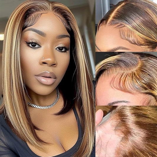 Highlight Ombre Lace Front Wig Human Hair Body Honey Blonde Glueless HD Transparent Lace Frontal Wigs for Women Human Hair Pre Plucked with Baby Hair brown highlighted wig 180 Density 16 Inch