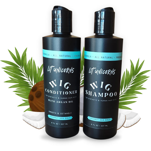 LIT UNICORNS All Natural Wig Shampoo & Conditioner Set for Human Hair and Synthetic Wigs. Clean | Detangle | Soften. Keep Your Wig Fresh - Coconut Scent (16oz Flip-Top)