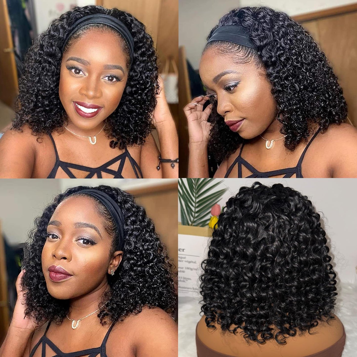 Aisaide Headband Wig Kinky Curly Black Headband Wigs for Black Women Natural Black None Lace Front Curly Wave Half Hair Wear and Go Glueless Wig