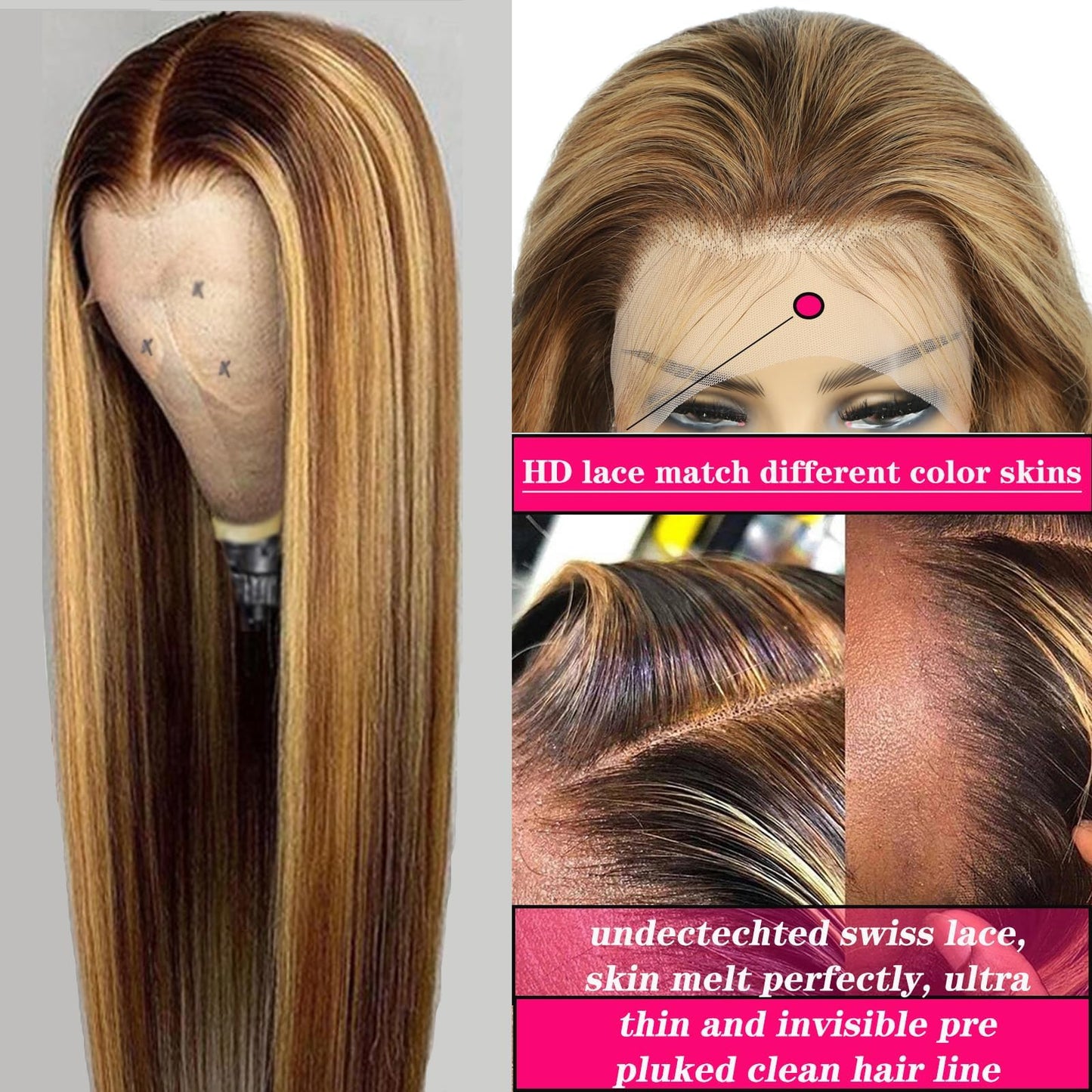 Cypha Ombre Lace Front Wig Human Hair Highlight 13x6 HD Straight Lace Front Wigs 180% Density 4/27 Colored Honey Blonde HD Lace Frontal Wigs For Women Glueless Pre Plucked with Baby Hair 20inch