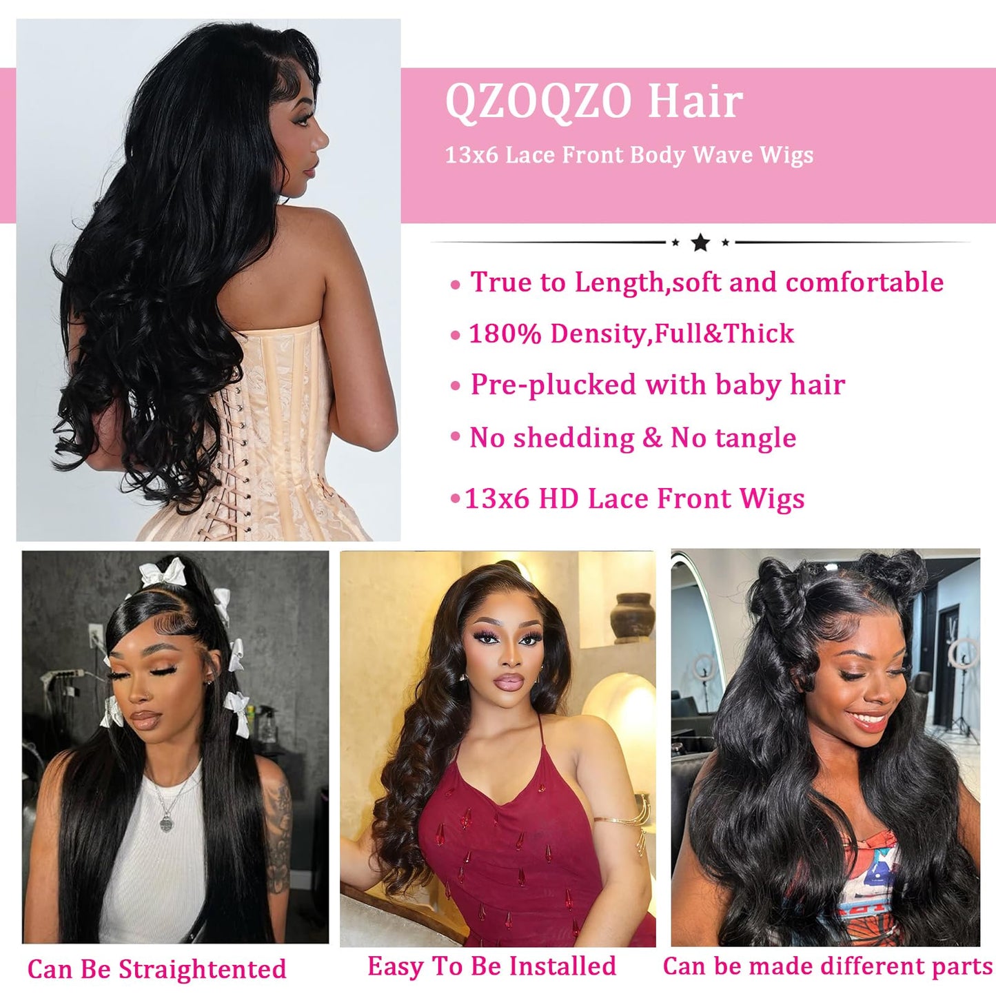QZOQZO 13x6 Lace Front Wigs Human Hair 180% Density Body Wave Human Hair Wig HD Transparent Lace Front Pre Plucked Glueless Wigs For Women 30 Inch