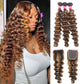 10A Human Hair Loose Deep Wave Bundles with Closure, P4/27 Colored Ombré Brazilian Bundles with 4x4 Free Part Lace Closure - Blonde, Brown (22, 24, 26+20inch)