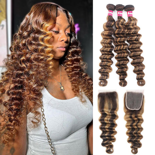 10A Human Hair Loose Deep Wave Bundles with Closure, P4/27 Colored Ombré Brazilian Bundles with 4x4 Free Part Lace Closure - Blonde, Brown (22, 24, 26+20inch)
