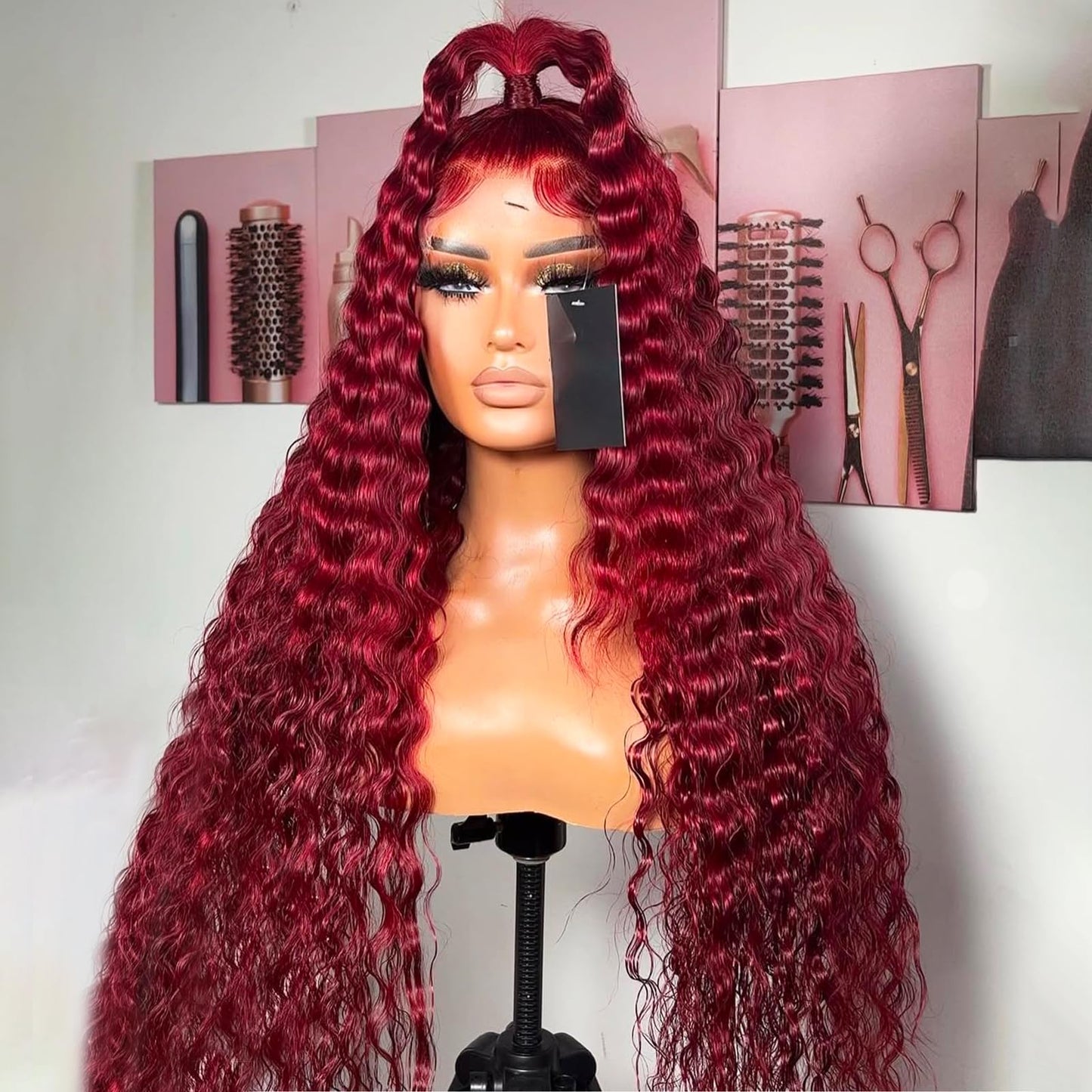 ANDRIA 13x4 HD Transparent Lace Front Wigs 26 Inch Wine Red Deep Wave with Baby Hair Pre-Plucked Glueless Burgundy 200% Density Natural Color Long Synthetic Deep Curly Wigs For Black Woman