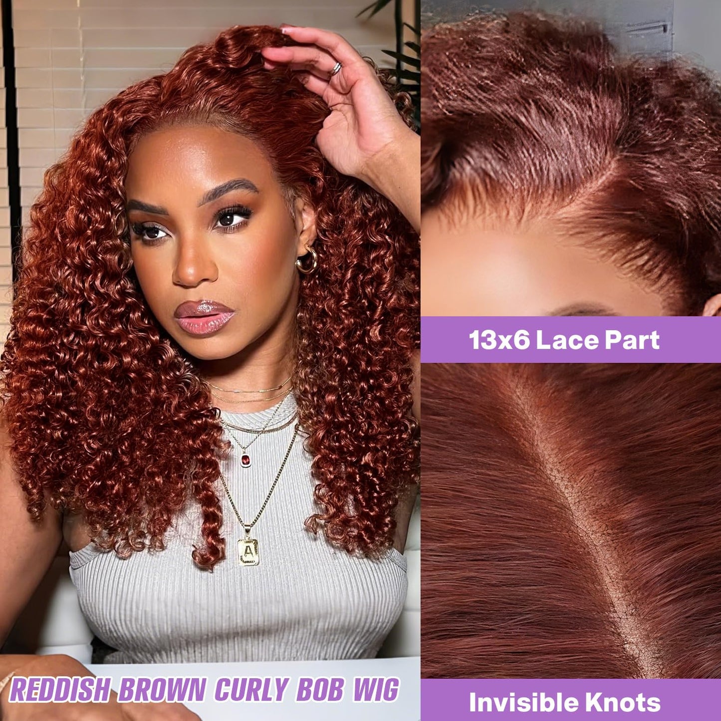 Punmasa 18 Inch Reddish Brown Curly Bob Wig Human Hair 13x6 Frontal Lace Wig 200% Density Lace Front Wigs Human Hair Pre Plucked Bob Wigs for Black Women 33#