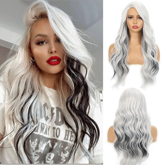 Sabosi Long White Grey Wig for Women Streak Colorful Wavy Wig Side Part Wave Highlight Wavy Wigs Natural Synthetic Hair Wig for Daily Party Use