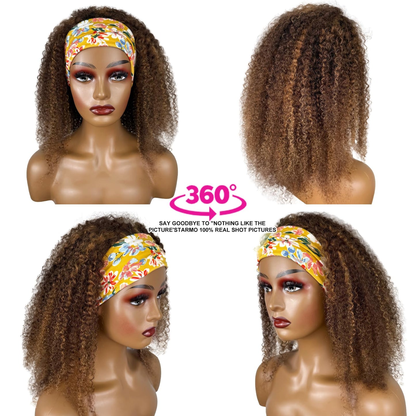 Ombre Highlight Headband Wig Human Hair #4/27 Colored Kinky Curly Headband Wig for Black Women Glueless None Lace Front Human Hair Wigs Brazilian Virgin Hair Wear and Go Wigs 150% Density 12 Inch