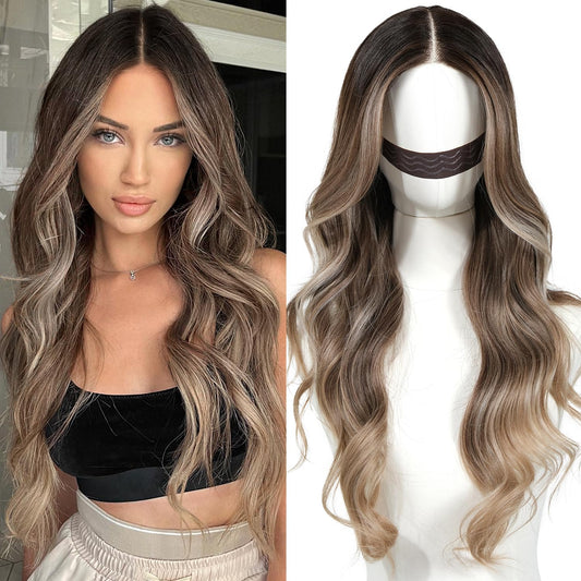 ENCOUNTERU Pre Cut Lace Glueless Wig Wear and Go Synthetic Lace Front Body Wave Ombre Brown Wig with Bangs Pre Plucked Glueless Ready to Wear Wigs for Women Middle Part 26 Inch