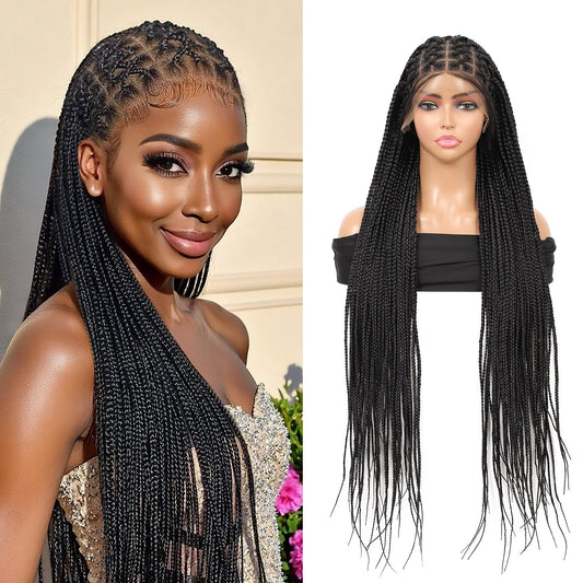 Olymei Full Lace Criss Cross Knotless Braided Wigs for Women Knotless Box Braid Wig Braided Lace Front Wigs with Baby Hair Premium Synthetic Natural Black Cornrow Braided Wigs 36"