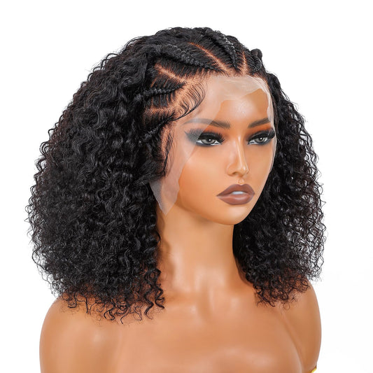SUPERNOVA Curly Human Hair Wig 13x4 Lace Front Wigs Human Hair Half-Cornrows Half-Deep Curly Wig Pre Plucked Pre Styled Braid Wigs For Black Women 200 Density 16 Inch