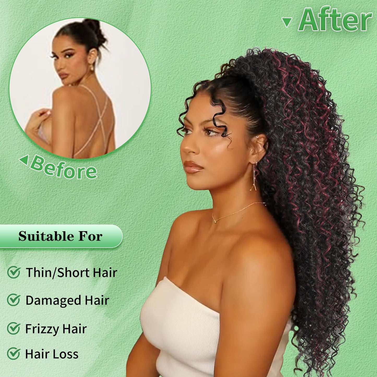 Youthfee Drawstring Ponytail for Women Deep Curly Ponytail Extension Synthetic Mixed with Human Hair Ponytails Cherry Red Highlights Afro Kinky Curly Pony for Daily wear,27 Inches