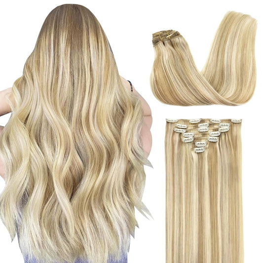 GOO GOO Clip in Hair Extensions Real Human Hair, Remy Human Hair Extensions Clip ins for Women, Natural Human Hair, 18inch 120g 7Pcs, 18A/613A Dark Blonde Highlighted Bleach Blonde