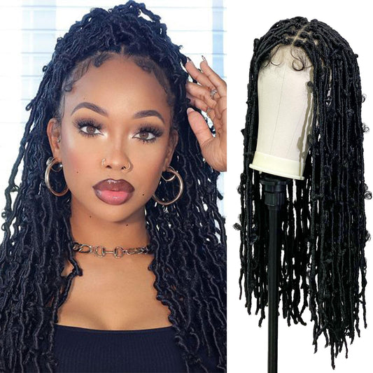 Janyuwool 36" Butterfly Locs Full Lace Knotless Braided Wigs for Black Women Lace Frontal Braid Wig Human Hair Blended Full Double Lace Braided Wig with Baby Hair Lace Front Locs Braids Wig (Black)