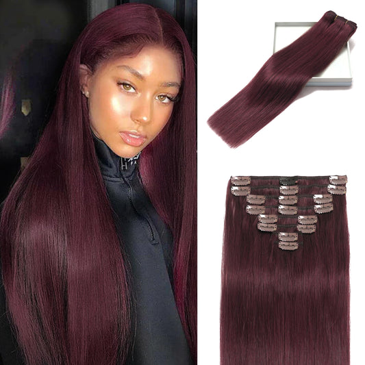 LORIEN Clip in Hair Extensions Real Human Hair, 18 Inch 100g, 99J Burgundy, Clip in 100% Brazilian Remy Human Hair Extensions 8pcs Per Set with 18 Clips Double Weft