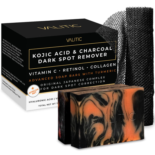 VALITIC Charcoal Kojic Acid Turmeric Black Soap Bar Dark Spot Remover for Body or Face Wash - 2 Pack and African Net Sponge