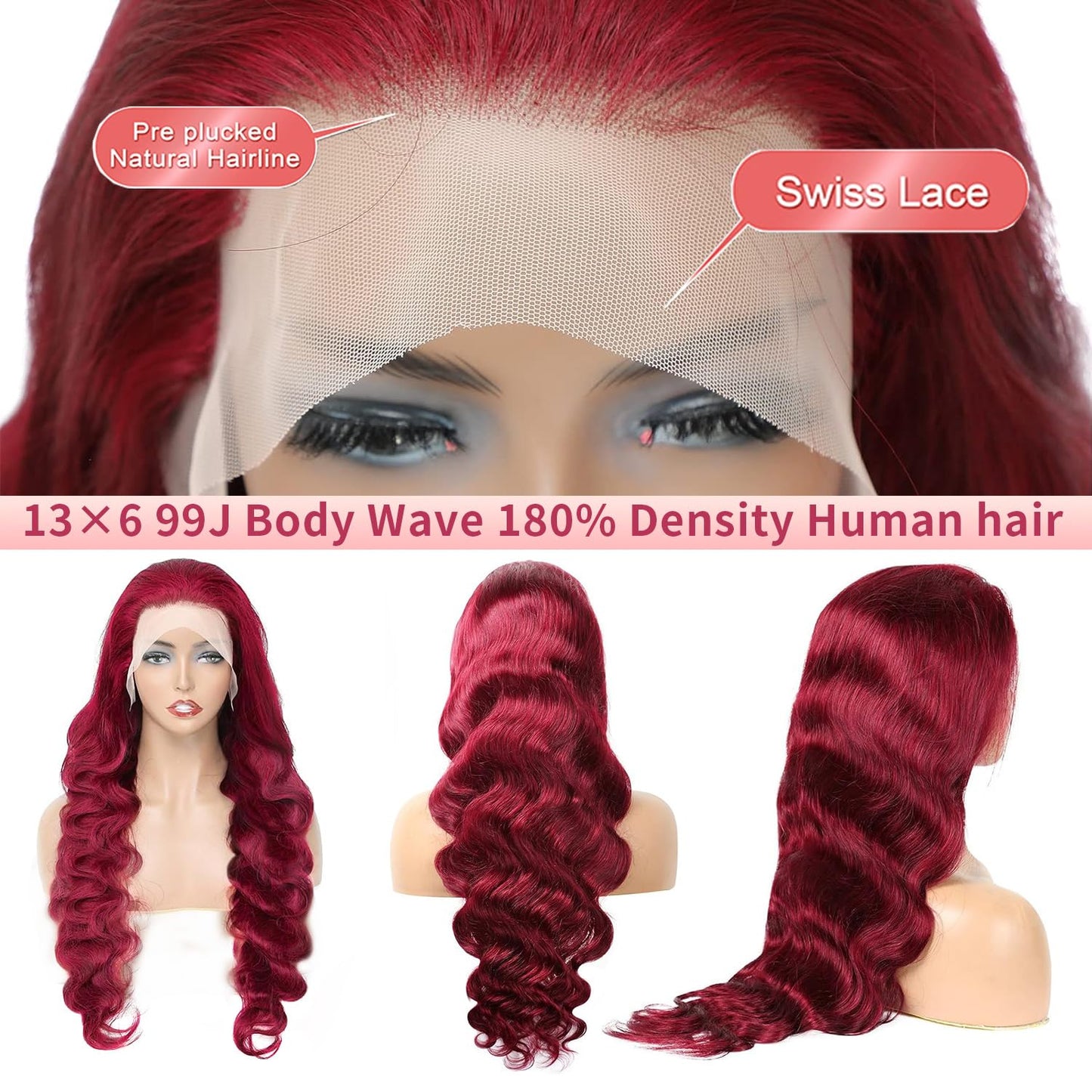 pidrez Burgundy Lace Front Wigs Human Hair With Baby Hair Pre Plucked 13x6 HD Transparent Lace Frontal Human Hair Wigs for Women Glueless 99j Wig Human Hair 180% Density Red Wig 20 Inch