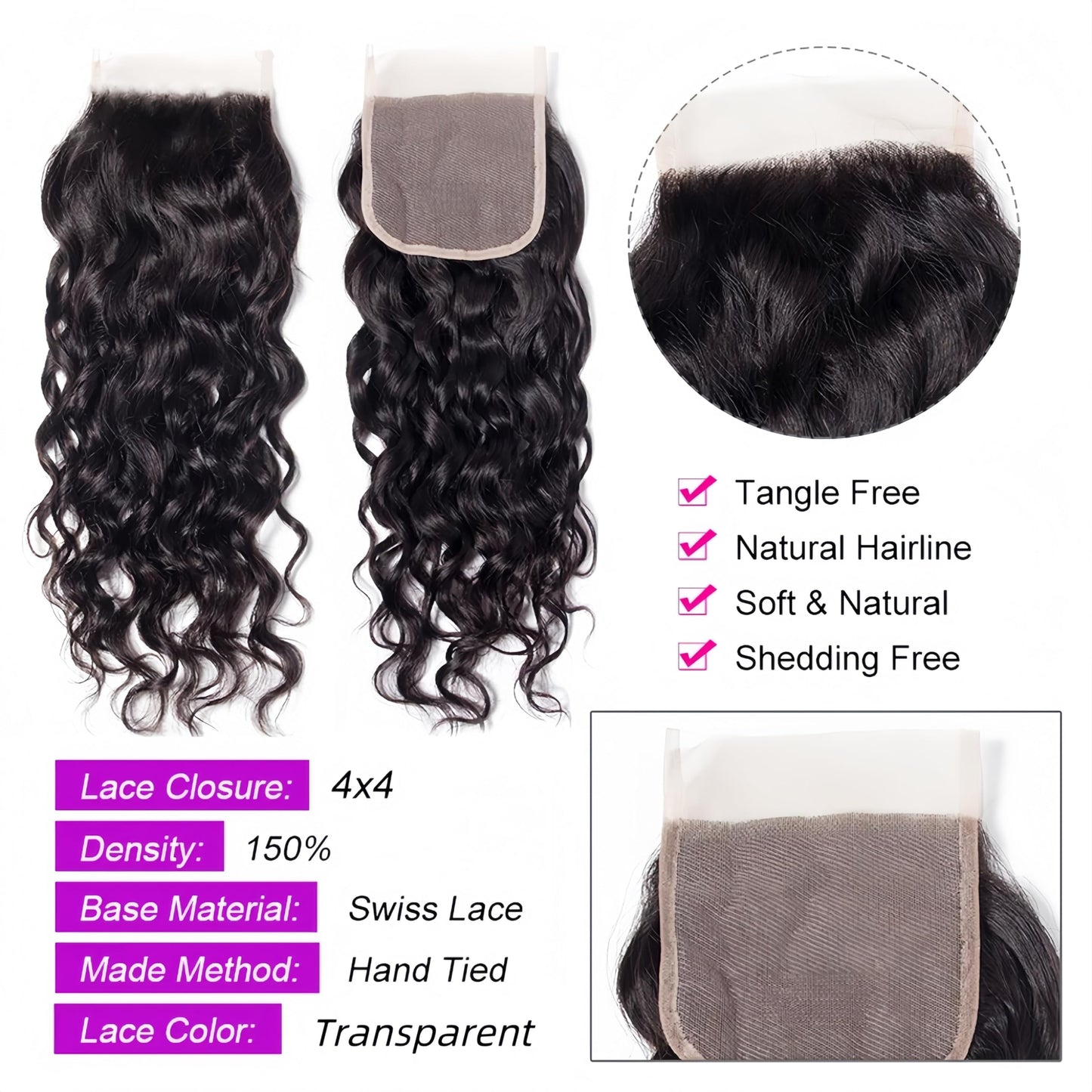 Foruiya Water Wave 4Bundles(50g/bundle) with Middle Part Closure Weave Hair Human Bundles with T Lace Closure Brazilian Wet and Wavy Bundles with Closure (10/10/10/10+10" closure)