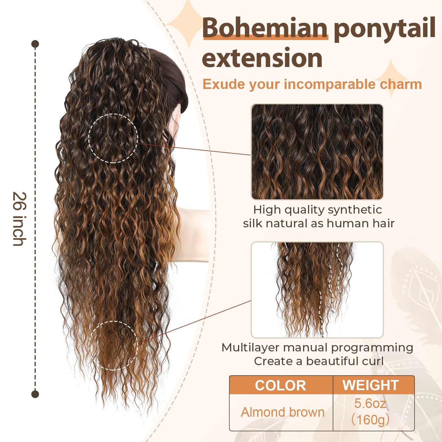 Flufymooz Ponytail Extension, 26 Inch Bohemian Style Drawstring Ponytail Hair Extensions for Women, Long Curly Wavy Ponytail Natural Synthetic Hairpiece for Women (26 Inch Almond brown)