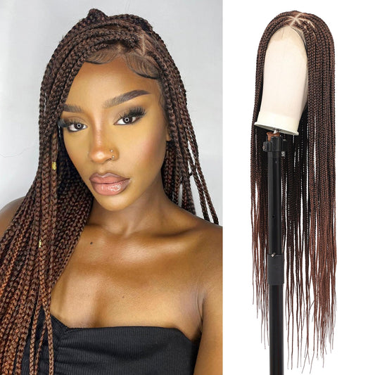 Lexqui 36" 360° HD Full Lace Braided Wigs for Women Triangle Knotless Braided Wigs Box Braid Wig with Baby Hair Natural Handmade Synthetic Hair Braided Lace Front Wig Ombre Brown