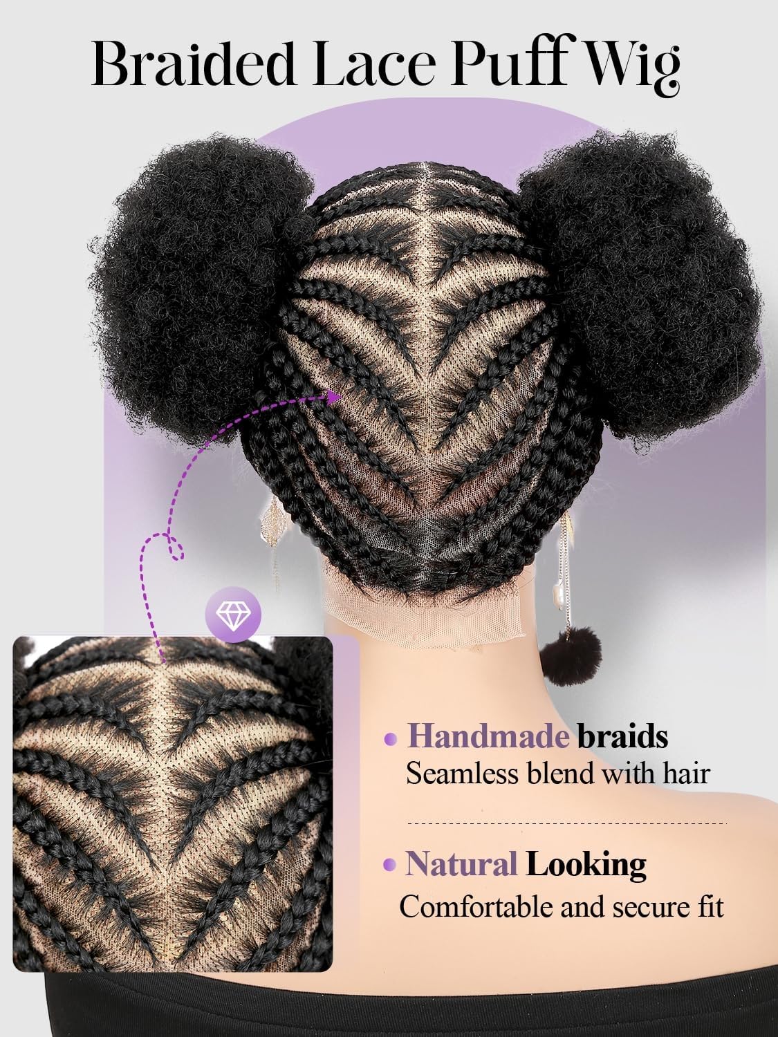 Quick Wig Braided Wigs Afro Puff Wig 360 Full Lace Puff Bun Updo Hair for Women Braided Lace Front Wig with Baby Hair Synthetic Handmade Braids Puff Wig Donut Chignon Wig (1B)