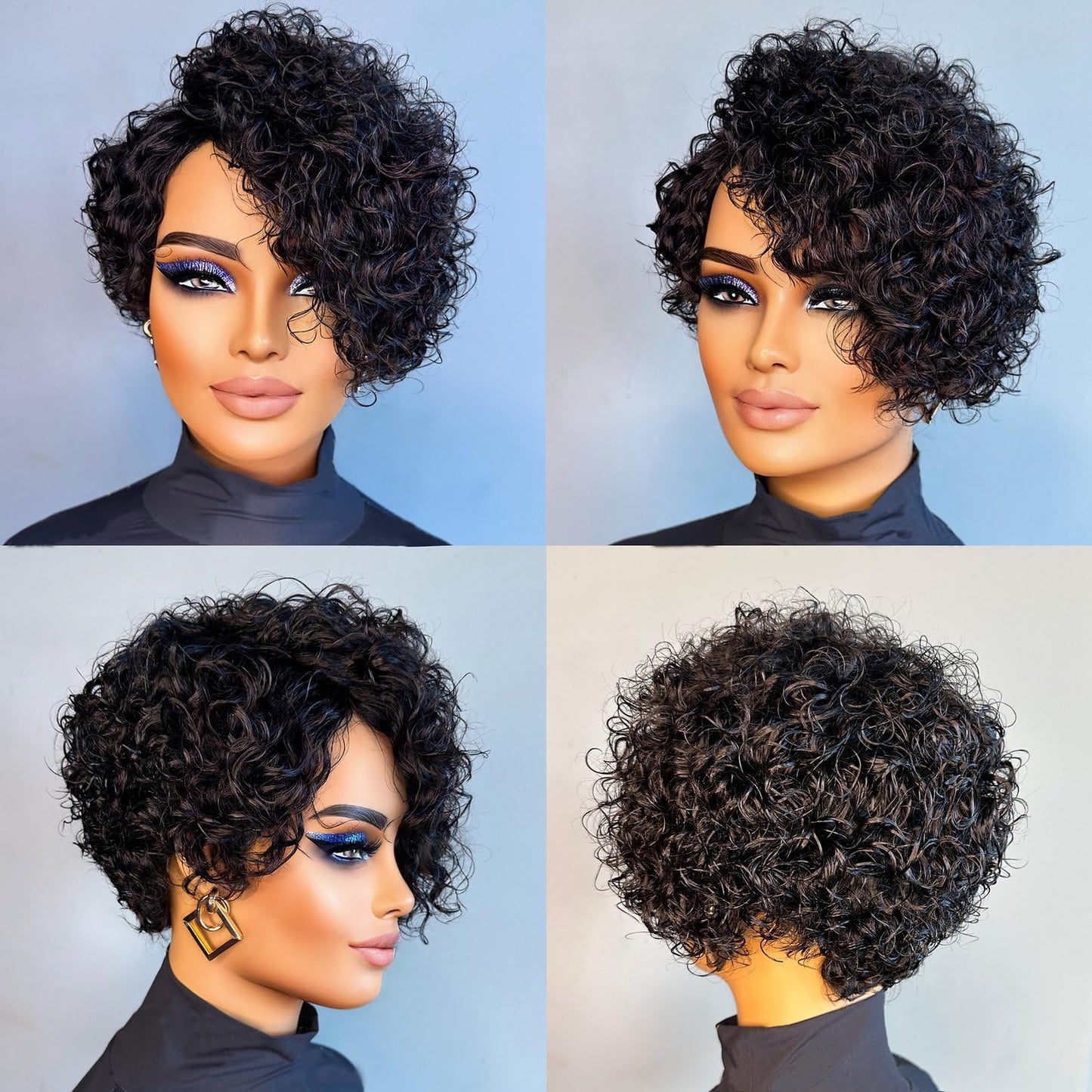 PurpleSexy Chic Elegent Pixie Cut Wigs for Black Women 8inch 180% Density Short Layered Pixie Cut Curly Wigs With Bangs Glueless Brazilian Virgin Curly Human Hair