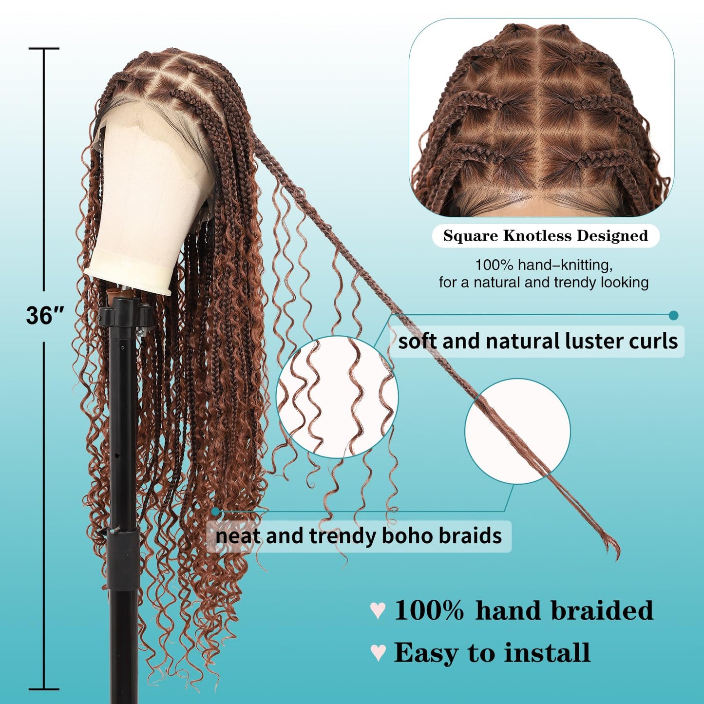 Kalyss HD Full Lace Boho Braided Wigs for Women 360 Lace Front Box Braided Wigs with Baby Hair Brown Premium Synthetic Knotless Braid Wig 36"