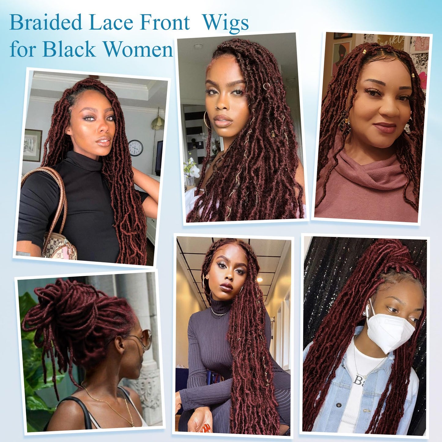 Olymei Locs Braided Wigs for Black Women Knotless Braided Wigs Locs Braid Wig with Baby Hair Full Double Lace Braided Wig Synthetic Burgundy Red Locs Braided Wig, 40 Inches Double Lace